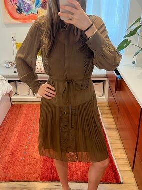 Rebecca Taylor Olive Brown Pleated Tie-Waist Midi Dress